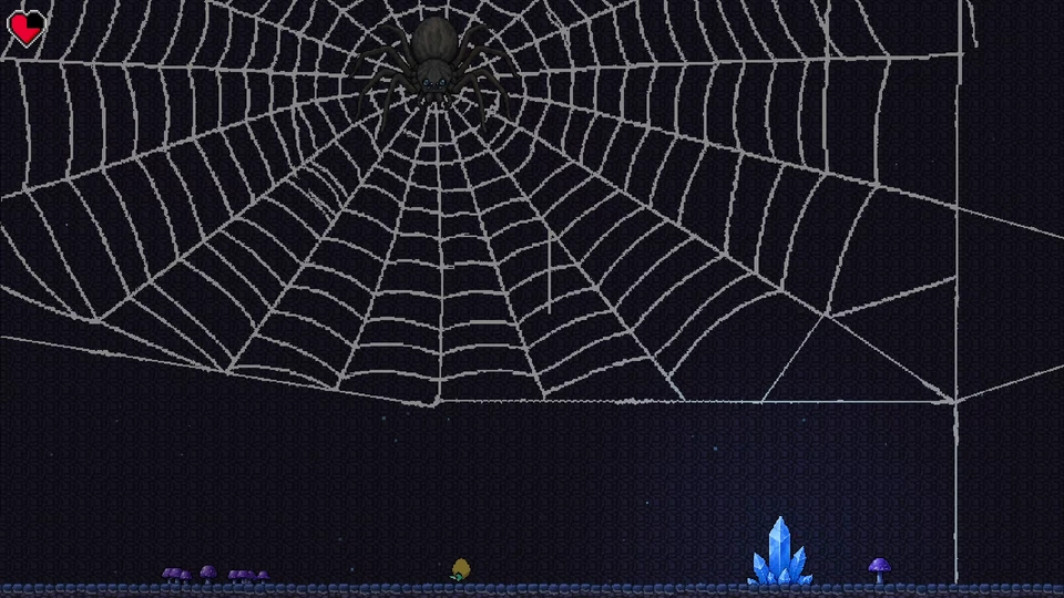 The eggling walks beneath the Broodmother’s enormous web, surrounded by blue crystals and purple mushrooms.