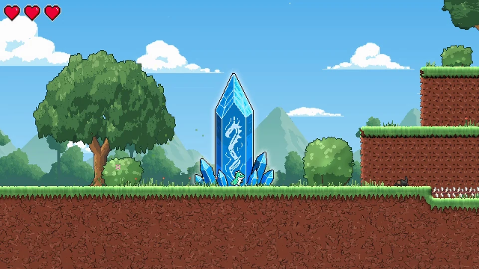 The baby dragon stands in front of a glowing blue Dragon’s Vein crystal in Forest Hollow.