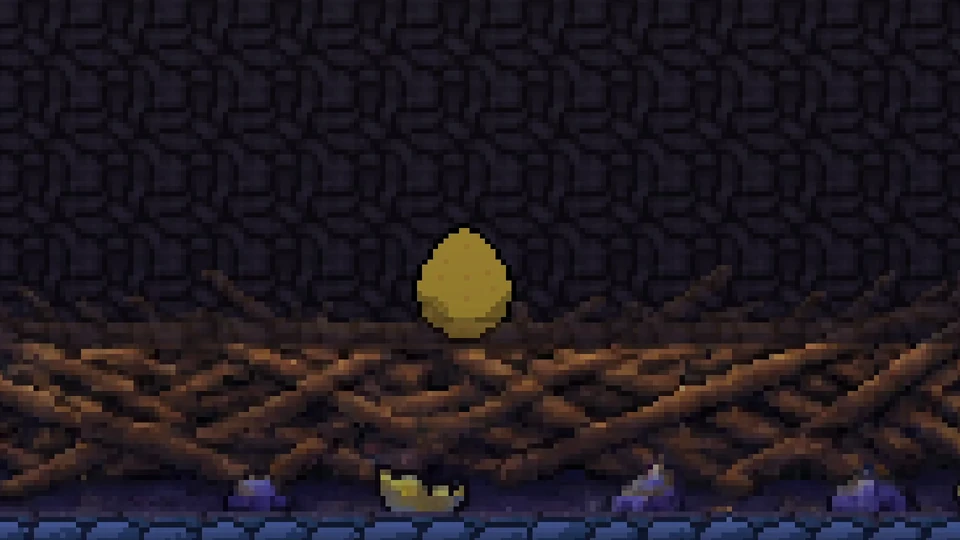 The player is fully enclosed in a golden egg, resting in a nest of branches.
