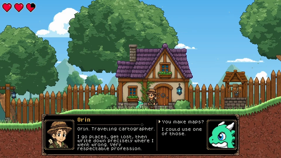 Orin the cartographer introduces himself to the dragon beside a village house.