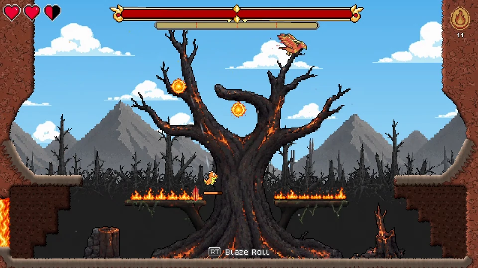 The Phoenix throws a barrage of fireballs around an enormous scorched tree.